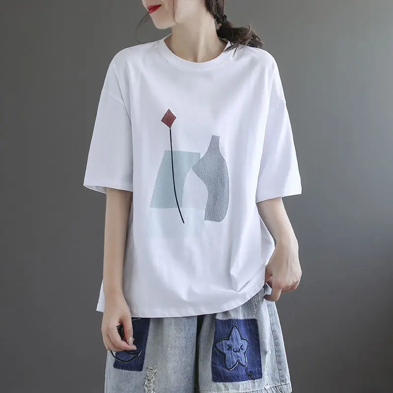 Summer Plus Size Short Sleeve T Shirt Women Vintage Oversized T-shirt Loose Ladies Shirt Casual Tops 100% Cotton