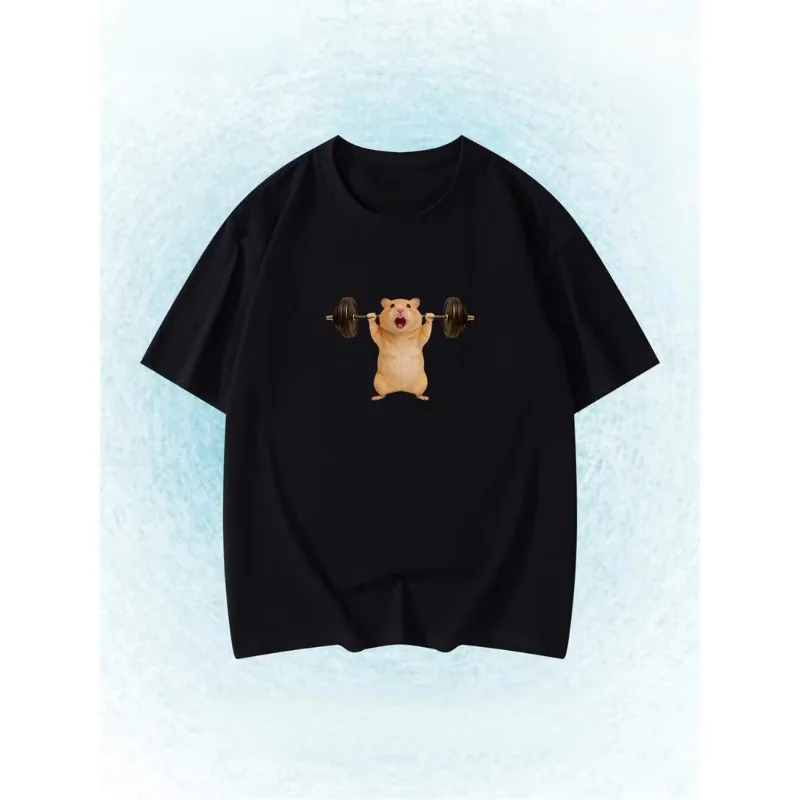 Fun Skiing Hamster Print T-Shirt Cute Meme-Style Short-Sleeve Summer Casual Top Perfect for Everyday Wear Women Clothing Fashion