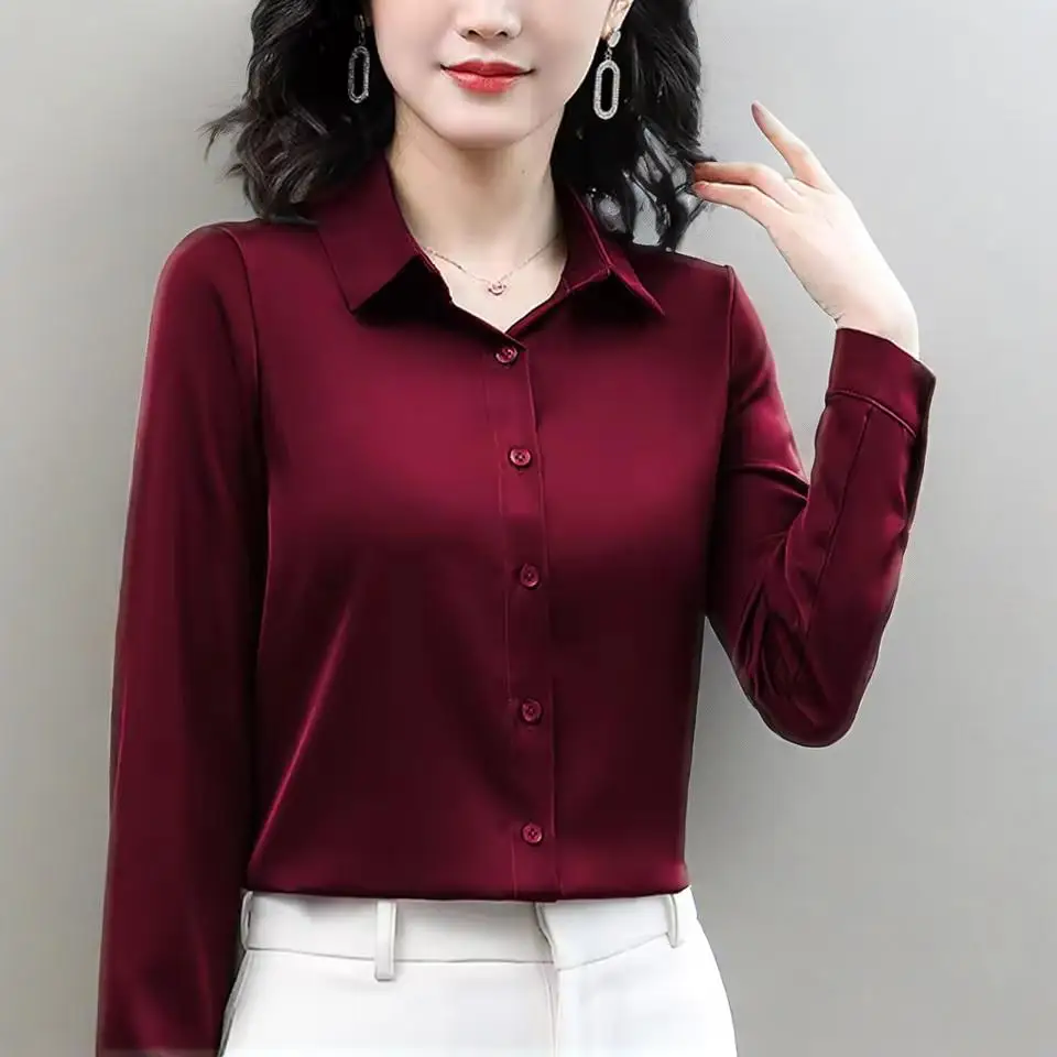Classic Vintage Office Lady OL Shirts Korean Style Simple Design Blusas Mujer De Moda 2026 Solid Satin Blouses Women Tops