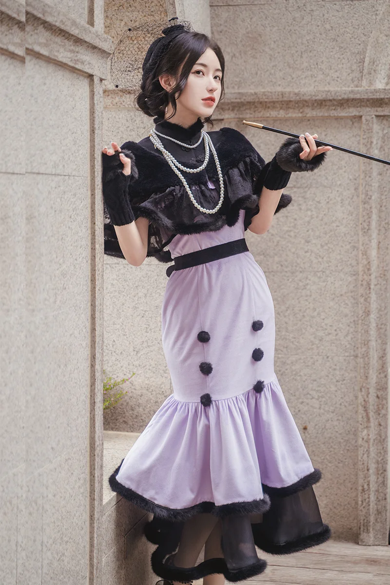 Lolita Jsk-Robe en queue de poisson à volants moelleux pour filles, style vintage élégant, boule de poils chaude, nœud papillon en dentelle taille haute, cosplay Tea Party