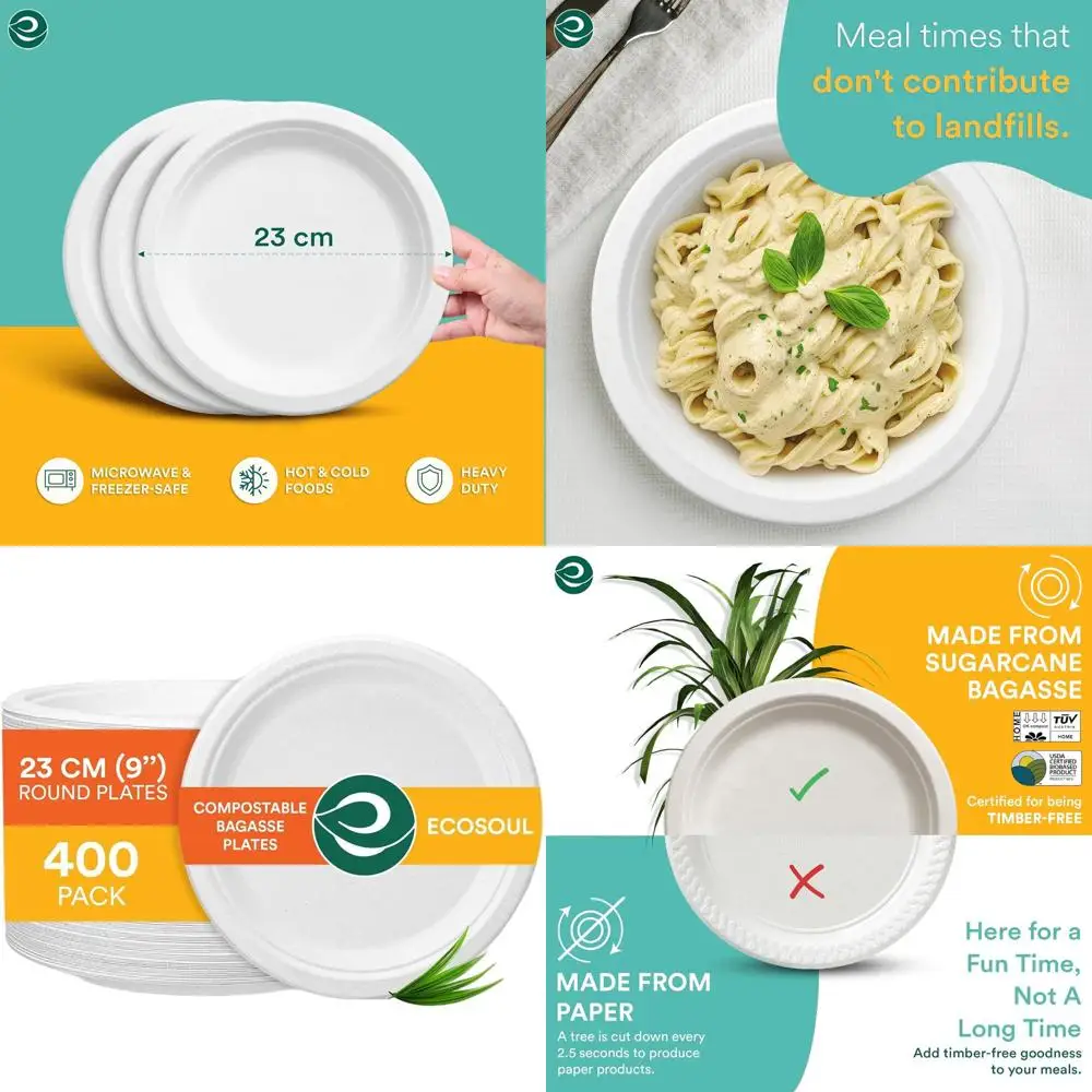 

Eco-Friendly 9 Biodegradable Heavy-Duty Paper Plates (400-Pack) for Thanksgiving, Parties, and Weddings - White