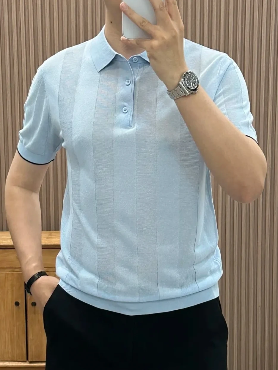 

High Quality Knitted Summer Shirt for Men Short Sleeve Turn-down Collar Versatile Casual Style Standard Fit Antibacterial