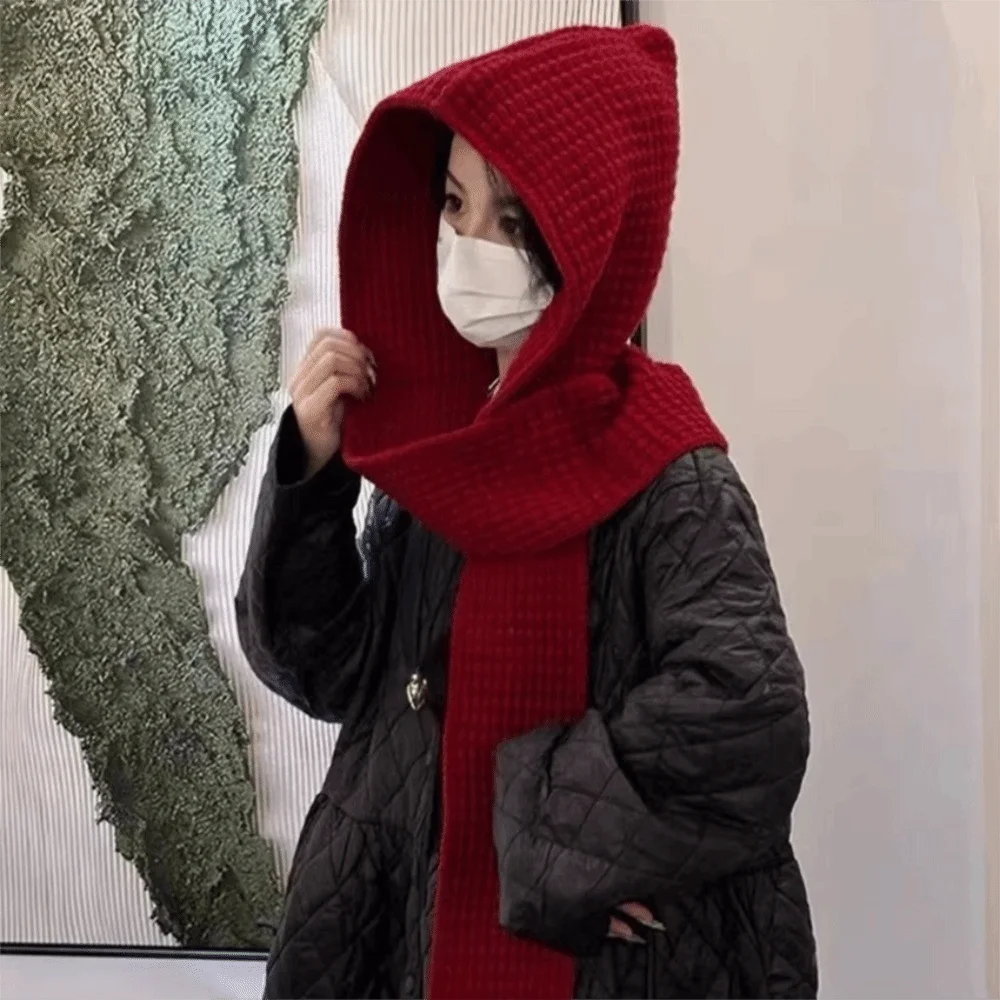 Acrylic Fibres Knitted Hooded Caps Soft Ear Protection Neck Collar Beanies Caps Thickened Keep Warm Winter Neckerchief Hat Women