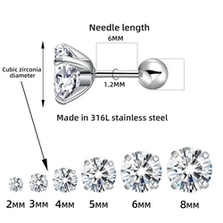 Korean Titanium Screw-back Stud Earrings With AAA Zircon 2mm-8mm 316L Stainless Steel No Fade Allergy