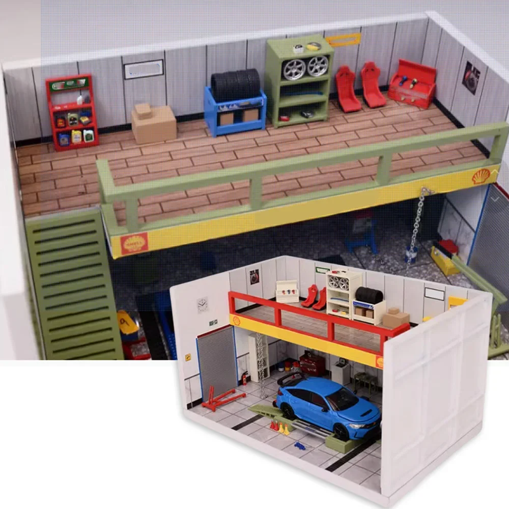 1:64 Miniature Workshop Scene Set Simulation Car Model Garage Maintenance repair shop for Car models Decoration Collect gifts