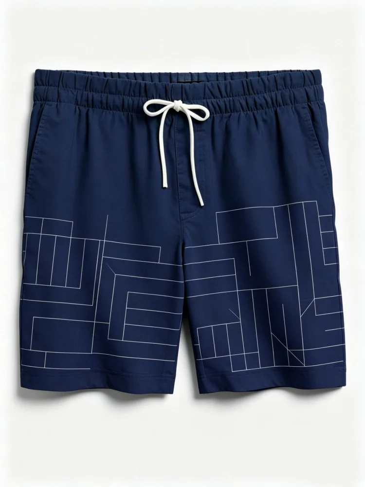 

Men Navy Minimal White Geometric Line Print Drawstring Waist Casual Daily Shorts With Side Pockets