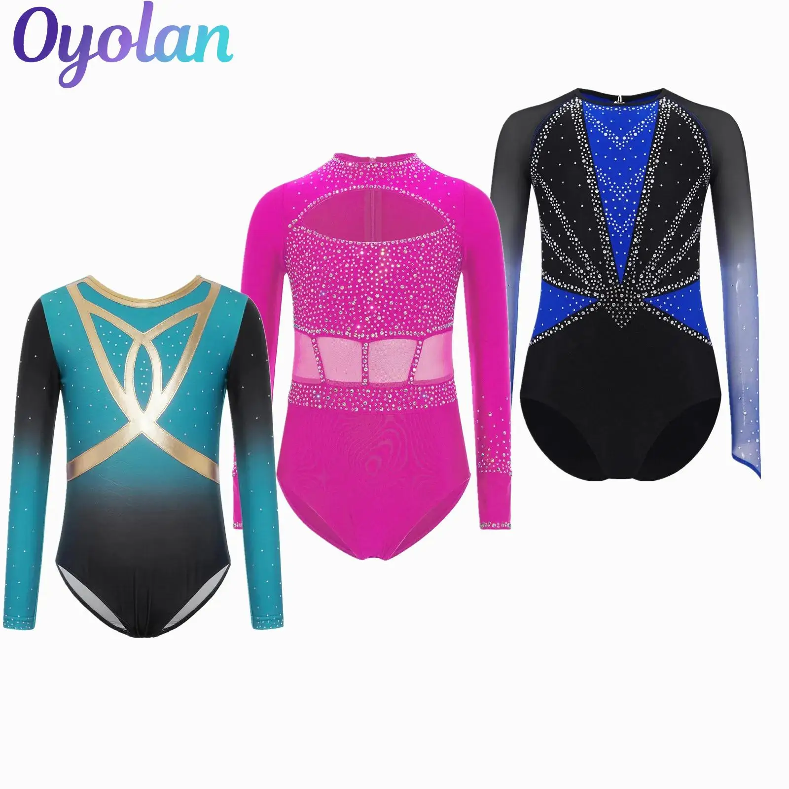 ชุดแสดงเต้นรำสำหรับเด็กผู้หญิง ชุดยิมนาสติก ชุดสเก็ตลีลา ชุดบัลเลต์ แขนยาว ประดับด้วยคริสตัลวิบวับ ชุดรัดรูปแบบจั๊มสูท