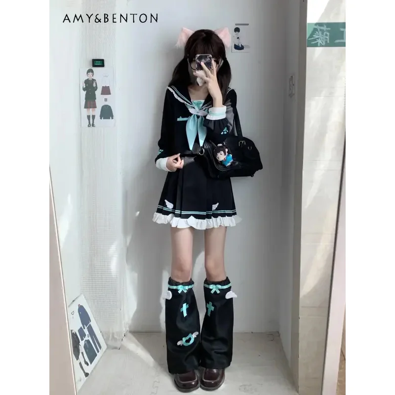 25COSKawaii Preppy Style Jk Uniform Suit Japanese Navy Collar Long-sleeved Short Shirt Ruffle Edge Patchwork Pleated Skirt Twins