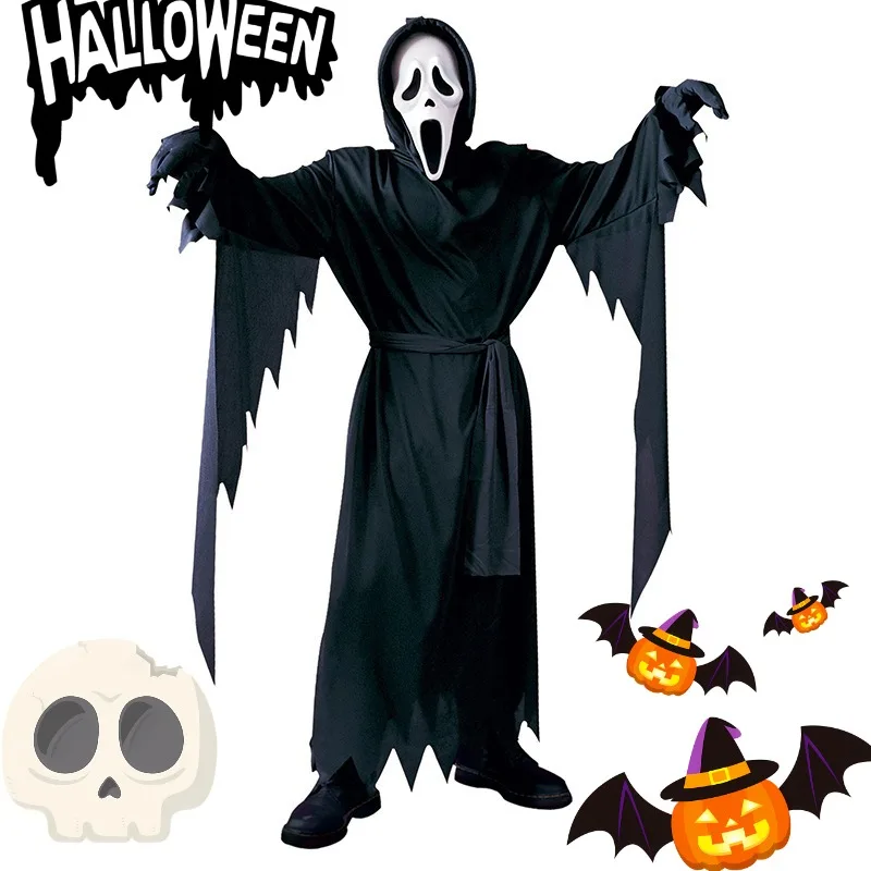 

Halloween Party Scary Movie Jumpsuit Cosplay Costume Black Terrible Ghost Dress Up with Mask for Children Adult Theme Party