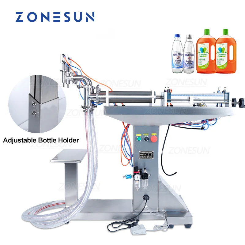 ZONESUN Automatic Pneumatic Standing Double Nozzles Liquid Beverage Shampoo Oil Filling Machine Vertical Water Bottle Filler