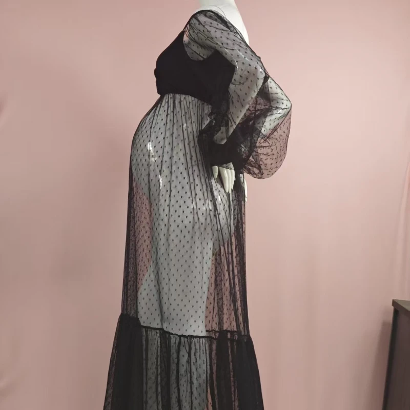 Cross Border Mesh Maternity Skirt with Bubble Sleeves  Soft Mesh Slit  Polka Dot Chiffon  Strapless V-neck Robe  Pajamas