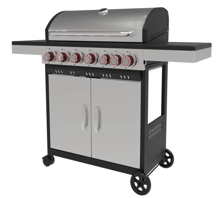 Modern 6-Burner Freestanding Black & Stainless Steel Gas Grill with Side Burner & Door for Outdoor Barbecue & Cooking