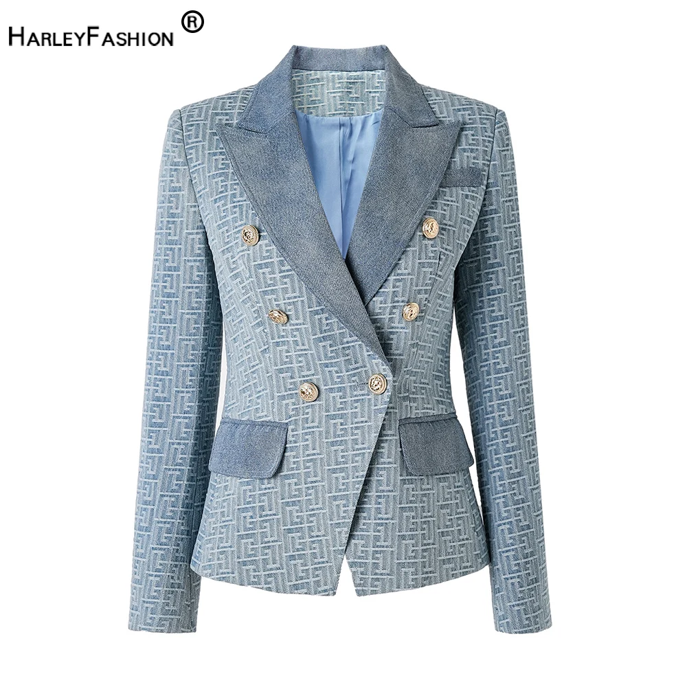

High-grade Design Quality Washed Denim Geometrical Pattern Women Vintage Jeans Slim Blazers Lady Jackets
