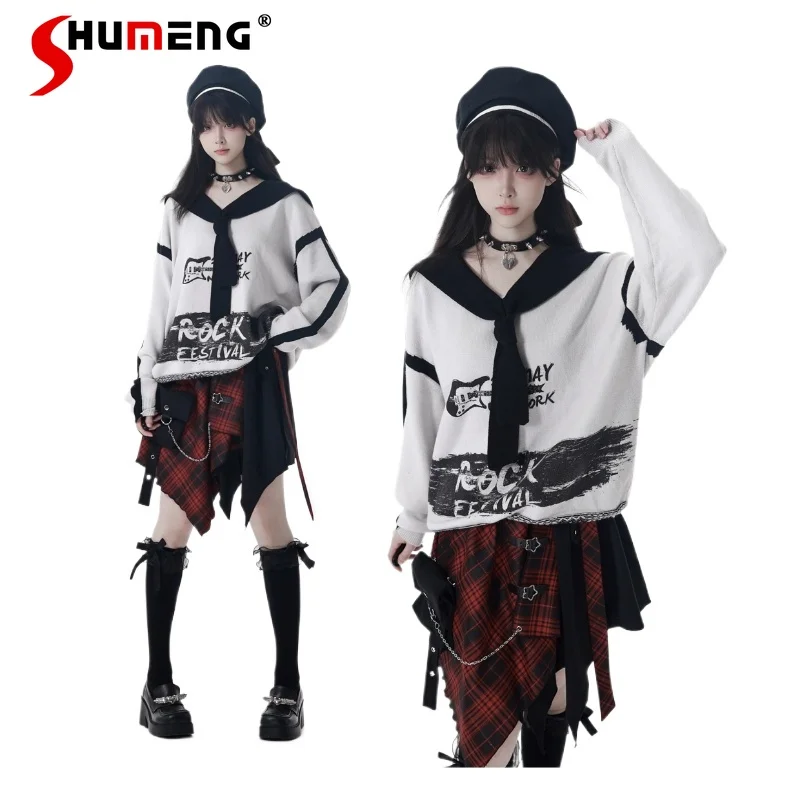 

2025 Autumn New Navy Collar Slimming Long-sleeves Sweater Y2k Kawaii Irregular Star Button Mid-Length Skirt For Women's Clothing