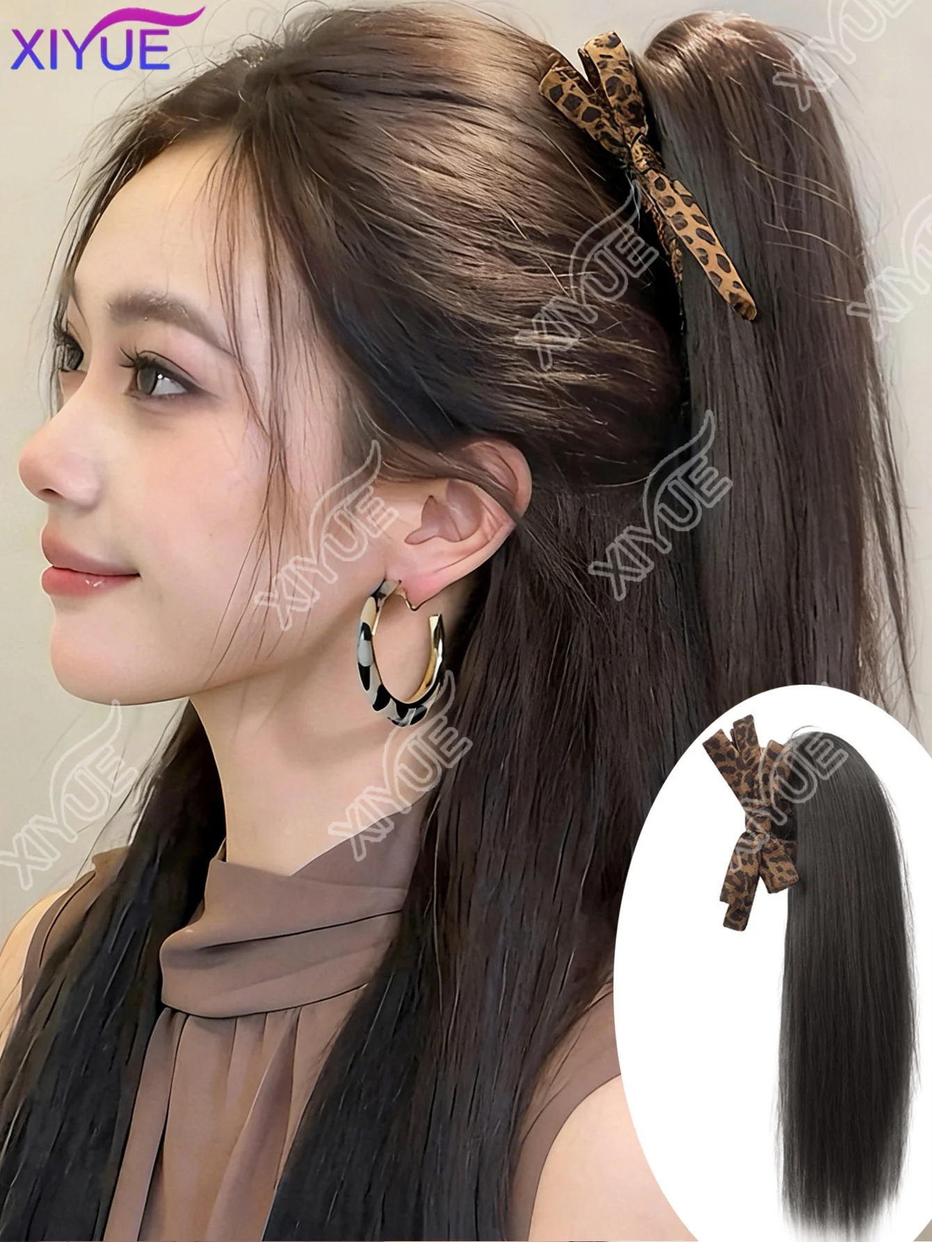 

XIYUE 16-дюймовый короткий прямой синтетический парик с леопардовым принтом и заколкой-бантом, высокий хвост для женщин, для повседневного использования