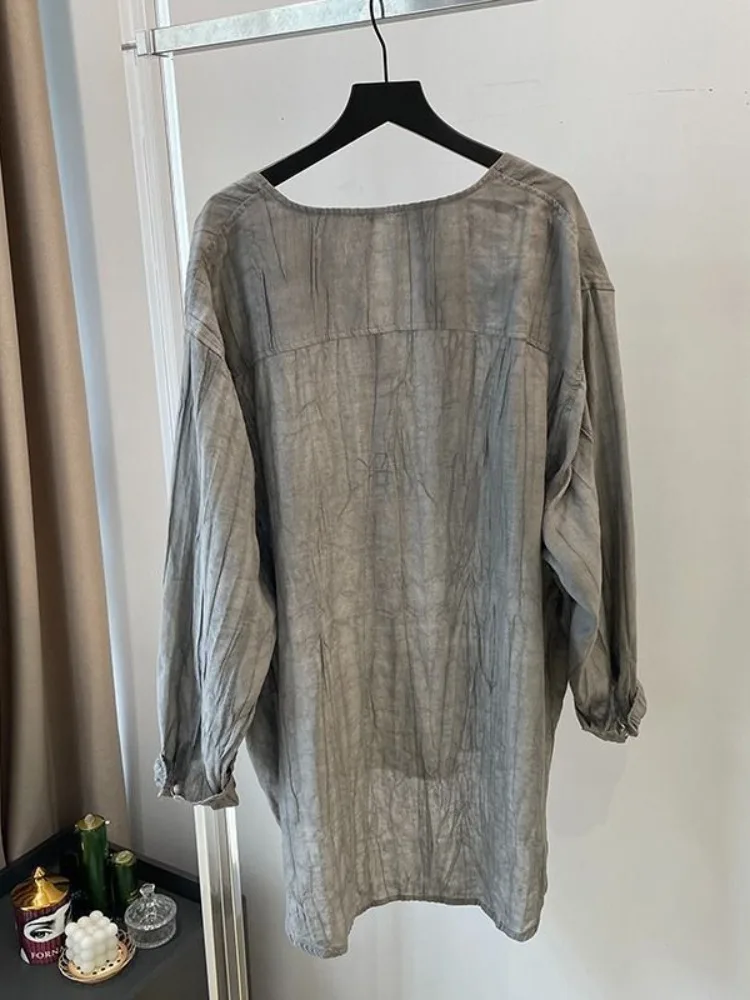 Elegant Folded Grey Cotton Linen Shirt Women's Summer Thin Cardigan Sun Protection Set Wide Leg Short Pants Two Piece Set view 2