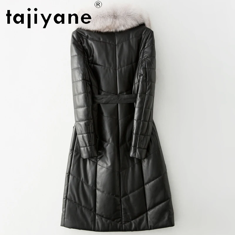 TAJIYANE سترة منتفخة من الجلد الحقيقي للنساء 100% معاطف سوداء طويلة من جلد الغنم مع ياقة من فرو الثعلب ملابس شتوية 2025 doblianка #3