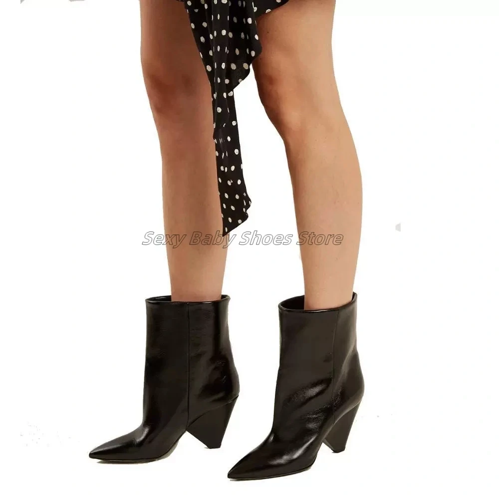 

Fashion New Leather Short Boots With European and American Shaped Heels Black Short Boots For Women Foreign Trade