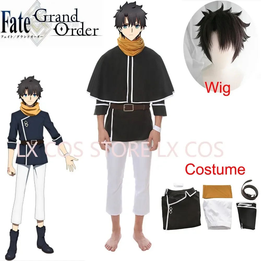 6pcs/set Game Fate Fujimaru Ritsuka Cosplay Costume FGO Grand Order Men Black Top Cloak Yellow Scarf Halloween Costume Outfits