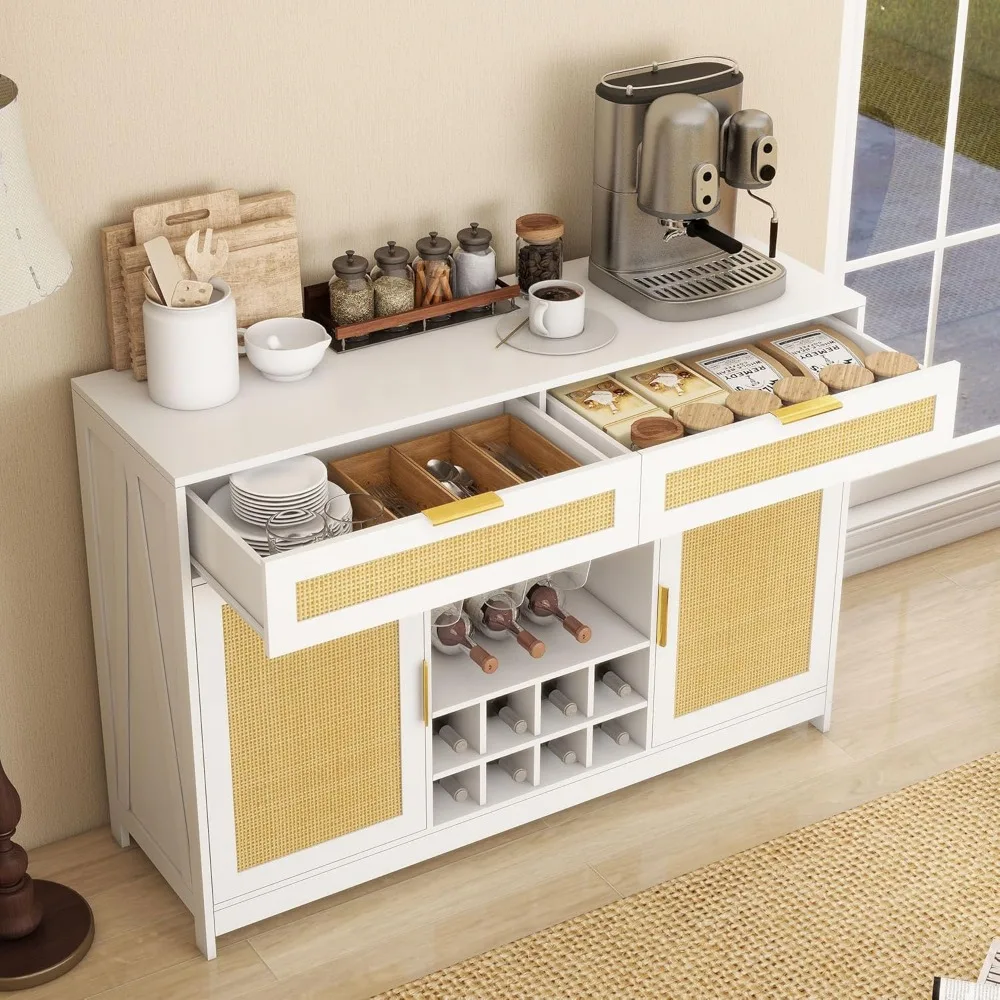 

51" Boho Rattan Coffee Bar: LED-Lit Sideboard Cabinet with Storage Drawers​