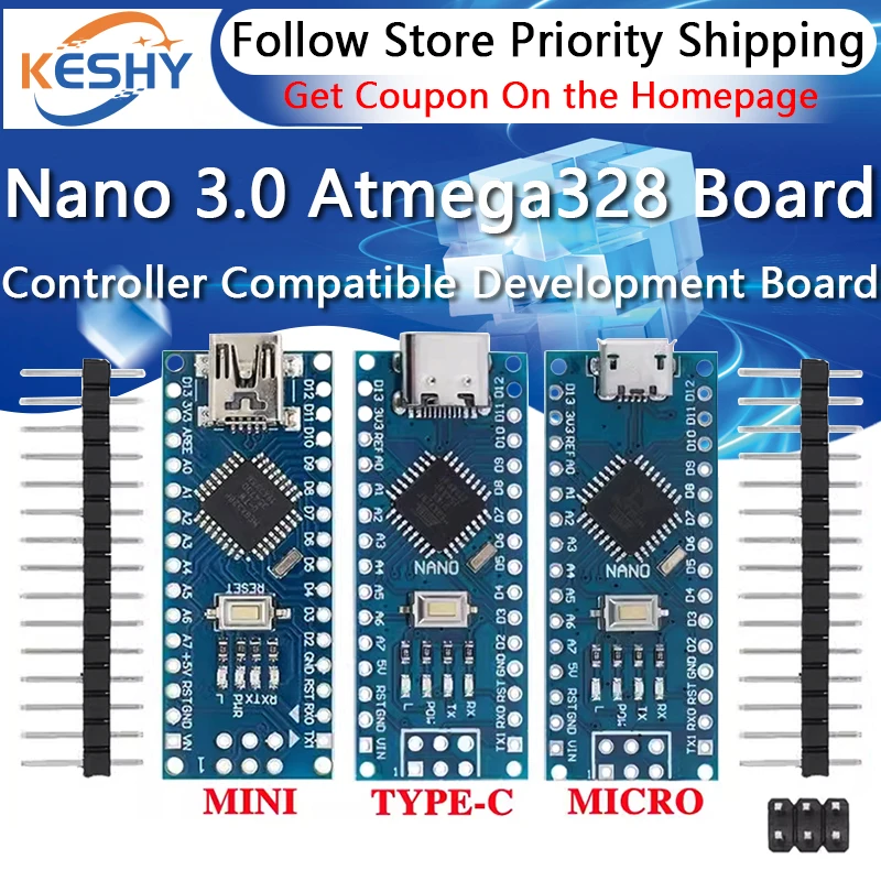 Promotion For arduino Nano 3.0 Atmega328 Controller Compatible Board Module PCB Development Board without USB V3.0 mircro type-c