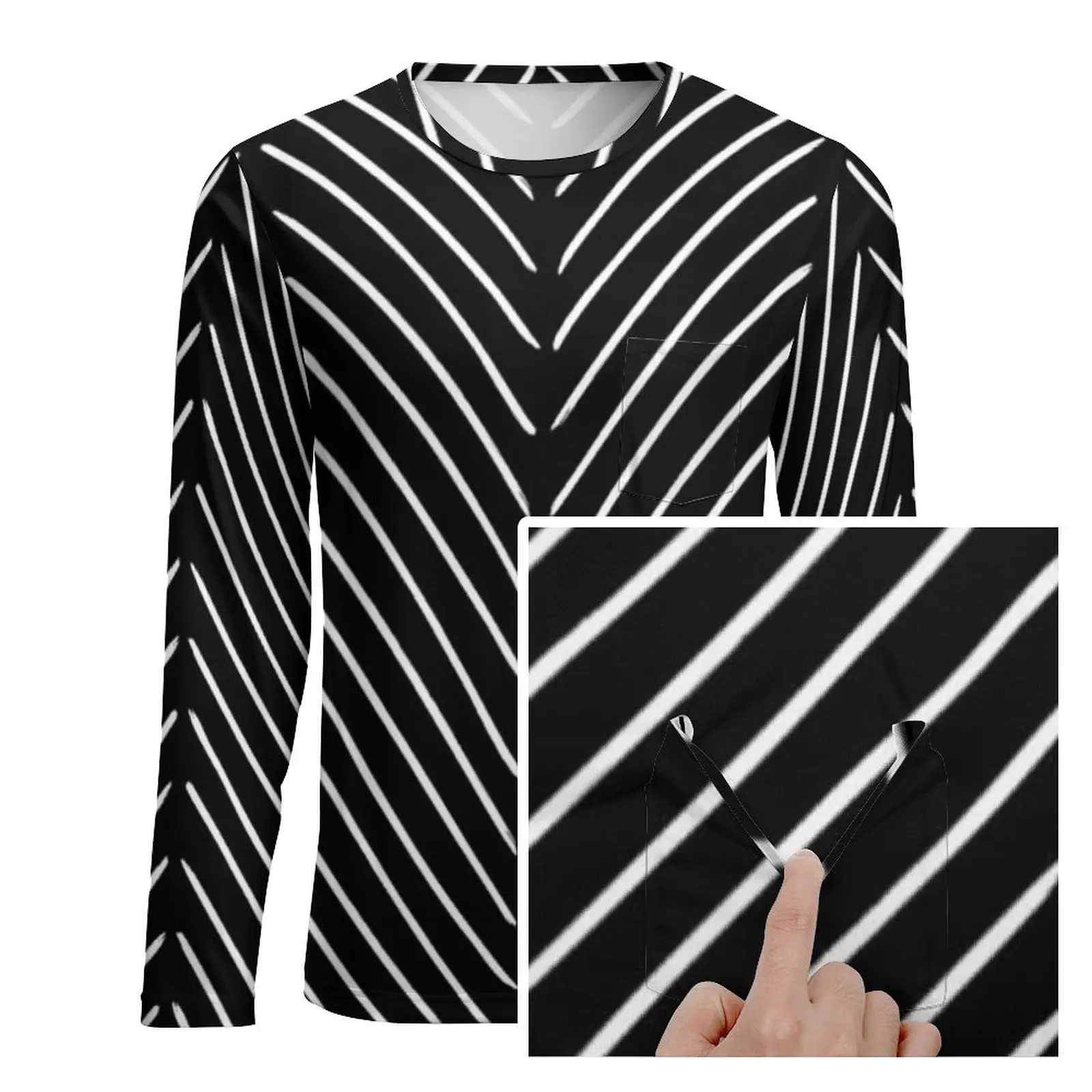 Retro Nordic Lines T Shirt Diagonal Mudcloth Black Hip Hop T-Shirts With Pocket Long Sleeve Tshirt Spring Fun Plus Size Top Tees