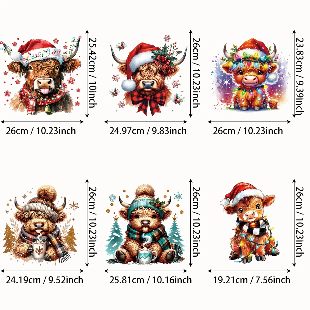 6 قطع من ملصقات الفينيل لنقل الحرارة على شكل بقرة هايلاند غامضة لعيد الميلاد - ألوان نابضة بالحياة، للقمصان الشخصية والسترات والوسائد #2