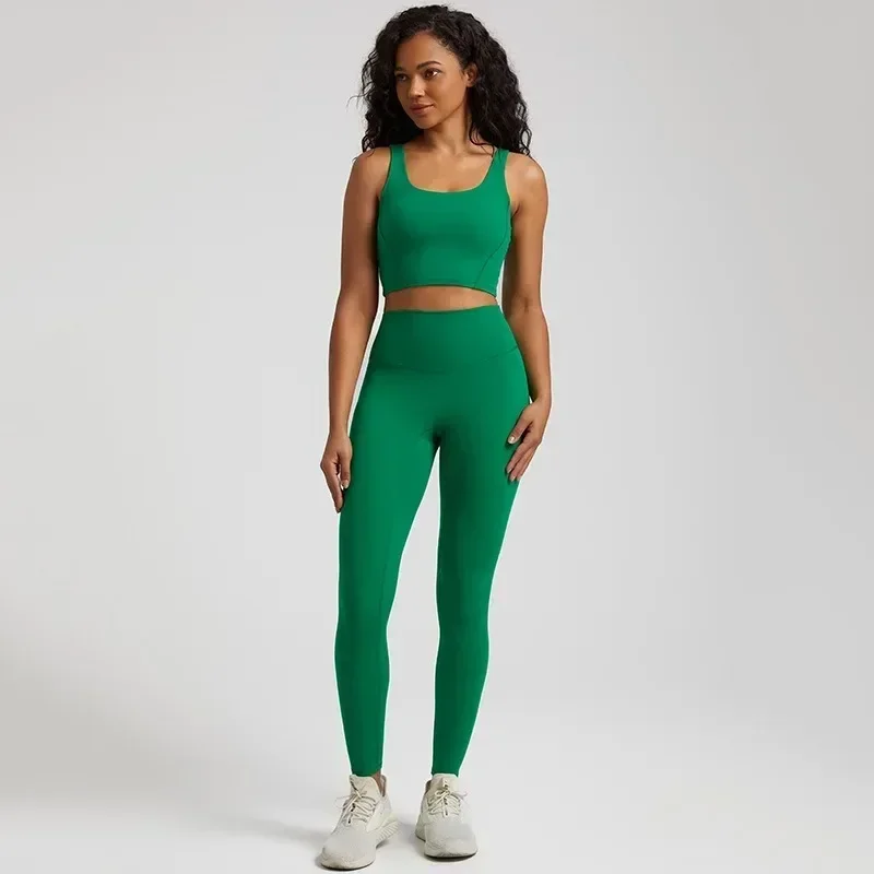 Ginásio Lemon-Leggings apertados e sutiã para mulheres, conjunto de ioga, sutiã fitness, treinamento abrangente, roupa de jogging, gola redonda, esportes, mulheres, 2 peças