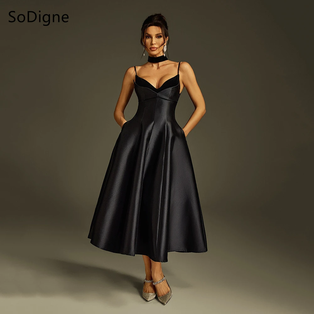 

SoDigne Elegant Black Satin Evening Dresses Chic V-Neck Spaghetti Straps Party Dress Draped A-Line Prom Gowns Customized