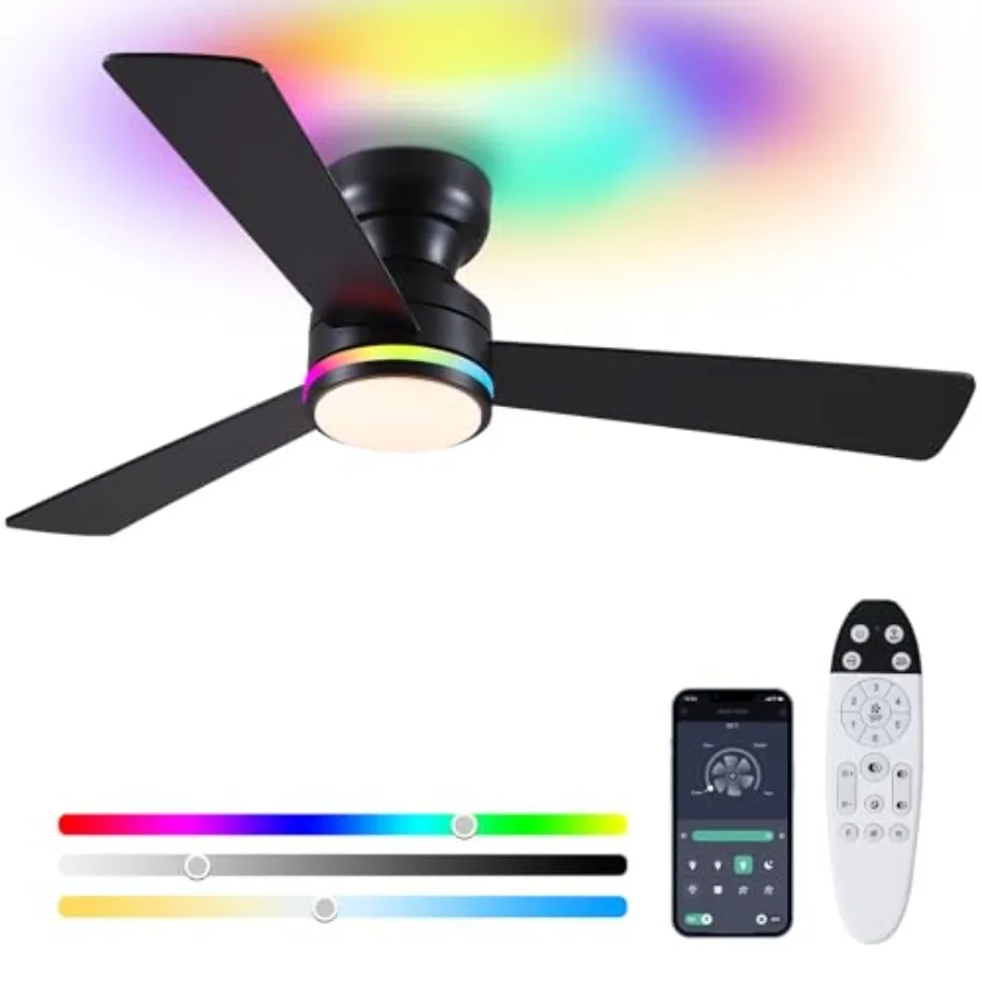 46" RGB Ceiling Fans with Lights and Remote, Low Profile Ceiling Fans with Quiet Reversible DC Motor, Modern Flush Mount Ceilin