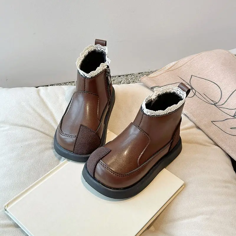 

Autumn Winter 2026 New Girls Lace Leather Boots Stylish Kids Ankle Boots for Toddler Girls Korean Style Princess Fashion Warm