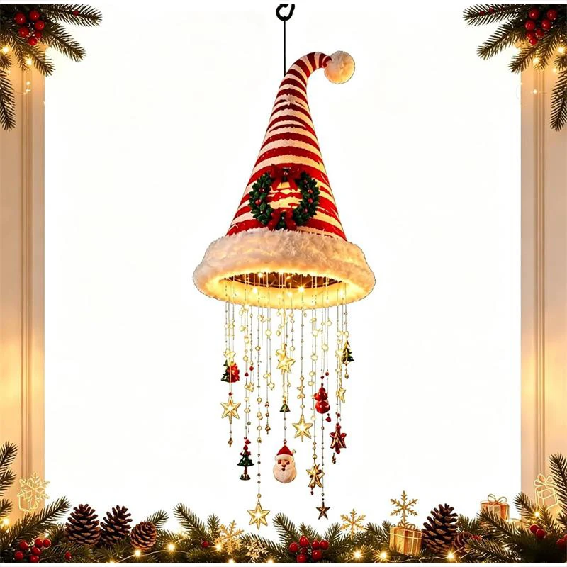 Beleuchtete Weihnachtsmann-Mütze, hängender Kronleuchter, Weihnachtsdekoration, LED-Weihnachtsanhänger, festliche Feiertagslampe, Innen- und Außendekoration. – Detail 5