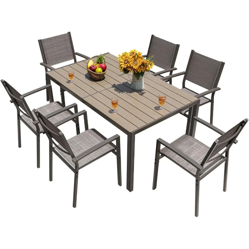 

Outdoor Tables 7 Pieces Patio Dining Set with 6 Stackable Textilene Chairs and Large Table,c Corrosion Resistance Picnic Tables