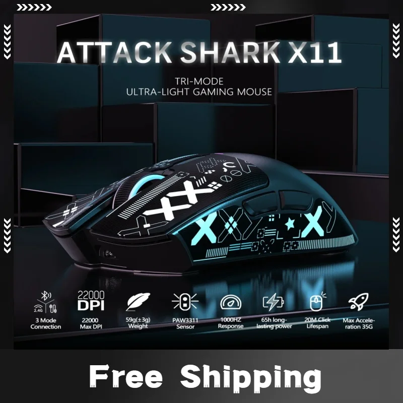 

X11 ATTACK SHARK Wireless Gamer Mouse with Charging Dock PixArt PAW3311 Gaming Sensor 22000 DPI BT/2.4G Wireless Mouse