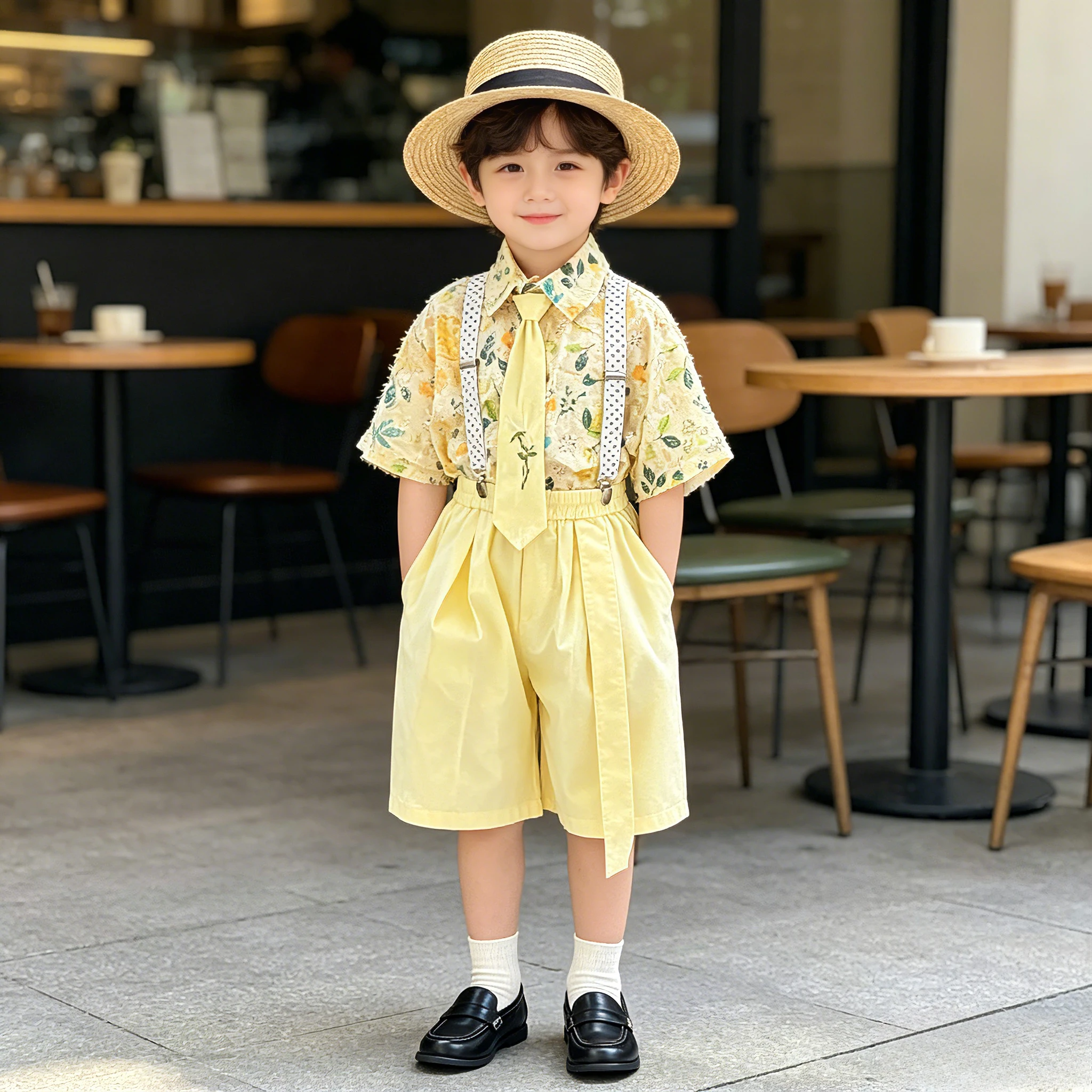 Boys Floral Outfit Set Short Sleeve Shirt + Yellow Shorts with Suspenders & Tie Summer Wedding Birthday Party Holiday Wear 6 8 Y
