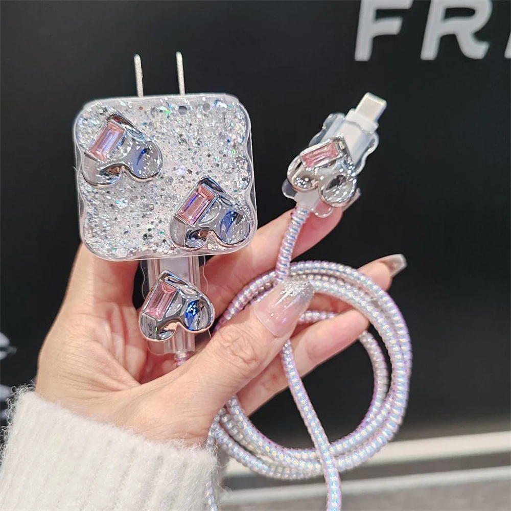 Cute Plating Silver 3D Love Heart Case For IPhone 16 15 14 13 12 11 Pro Max And Fast Charging 18W/20W Charger Protective Cover