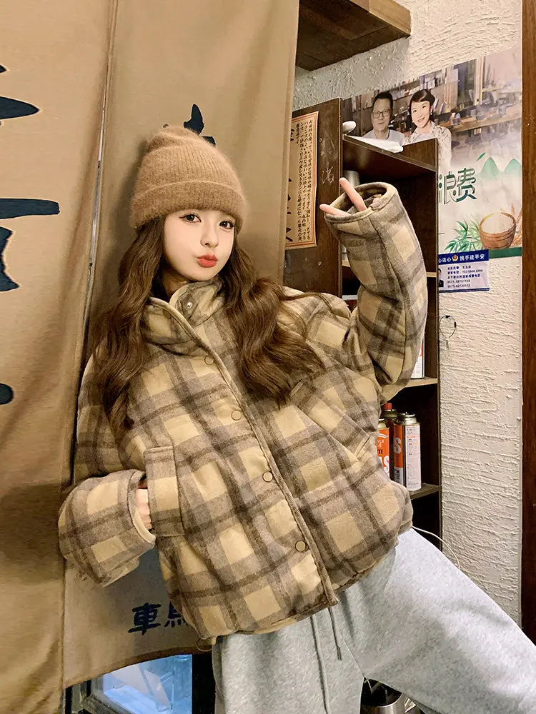 Retro Plaid Short Padded Jacket for Women Autumn Winter Maillard Style Thick Warm Outerwear Female Casual Korean Puffer Jackets
