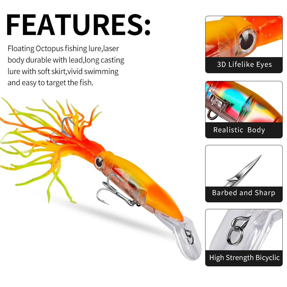1pcs Octopus Fishing Lure Squid Hard Bait Wobbler 19g/38g 6 Color Available Octopus Crank Bait For Bass Pike 3D Eyes