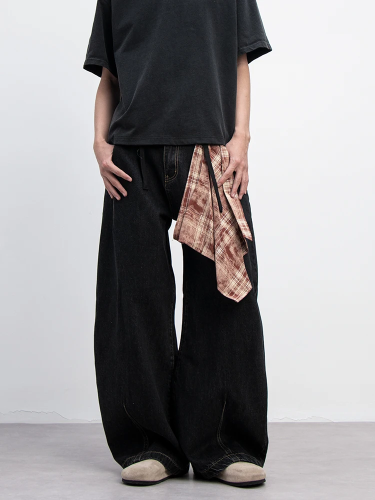 

American High Street Retro Knife Detachable Scarf Jeans Loose Wide Leg Long Pants Trendy Casual Straight Leg Jeans for Men