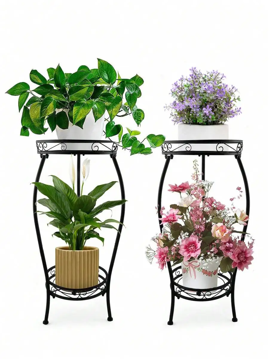 1 Pack Plant Stand Indoor Outdoor, 2 Tier Tall Black Metal Rustproof Stable Plant Stands, Multiple Plant Sturdy Rack Holder Rack