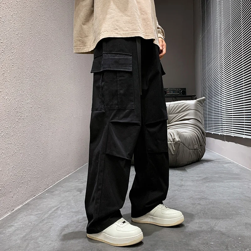 Cargo Pants Man's High Street Loose Vintage Belt Casual Male Tooling Pants High Waist Baggy Fashion Long Trousers Streetwear New