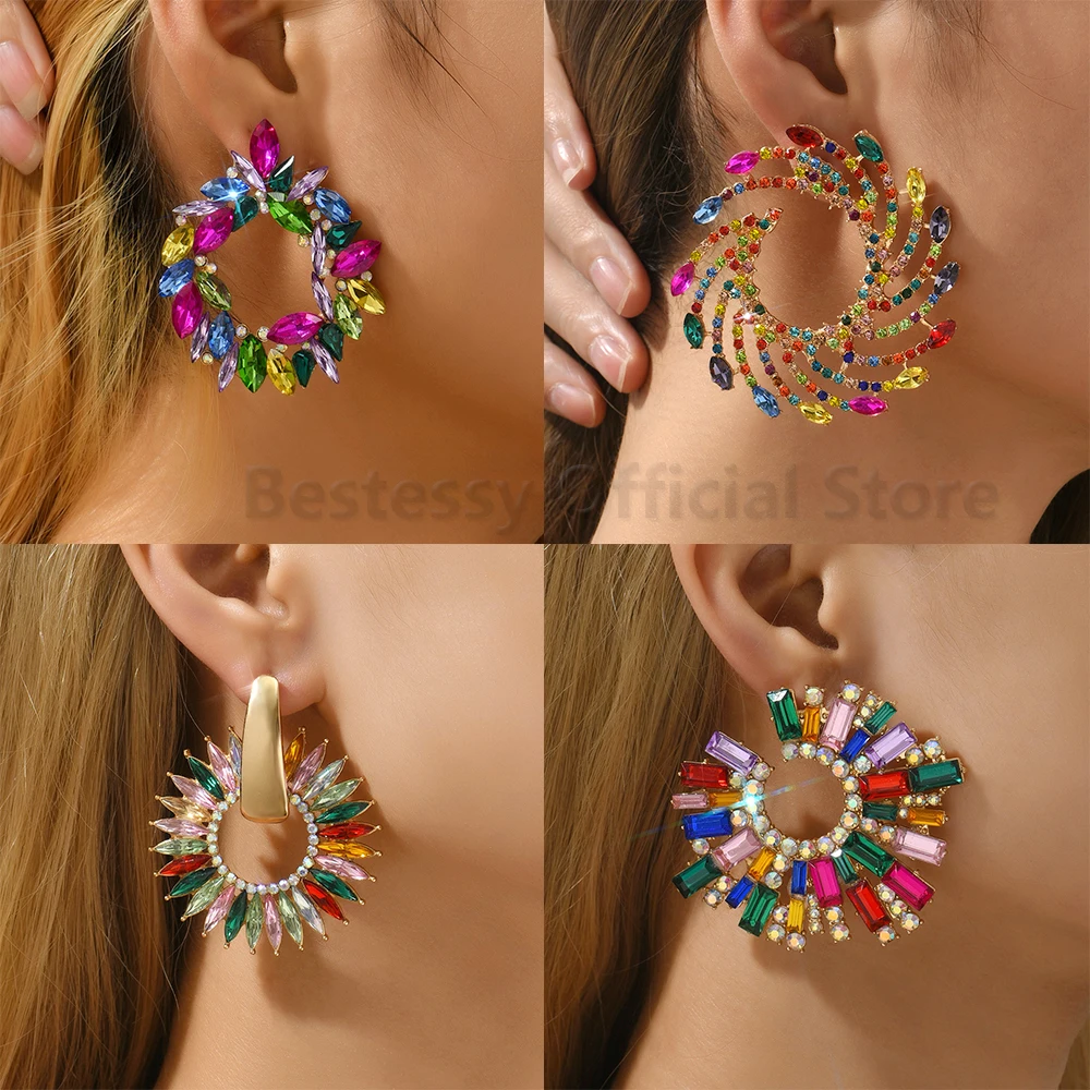 Colorful Series Shiny Rhinestone Big Stud Earrings For Women 2025 Trend Luxury Round Fashion Jewelry Girl Party Accessories Gift