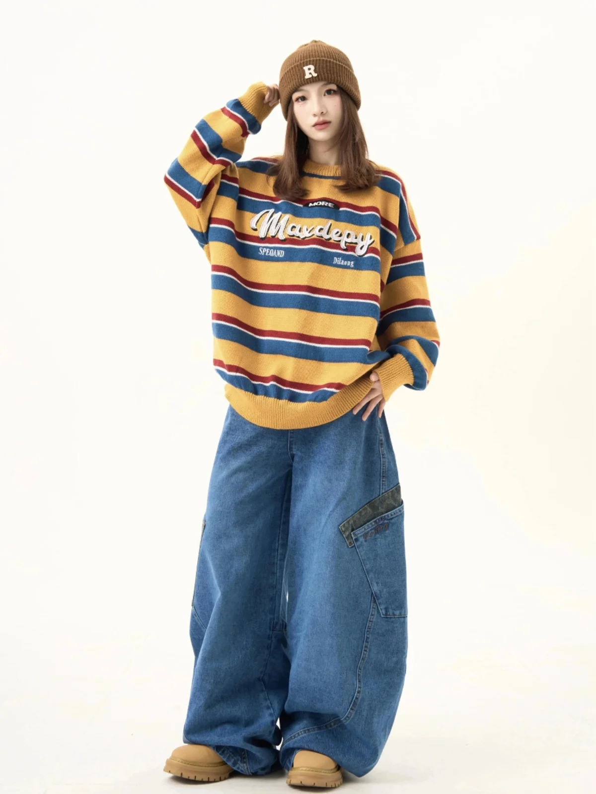 Retro American Embroidered Color Blo Striped round Ne Knitwear Men's Lazy Versatile Sweater Couple Trendy Autumn Faion