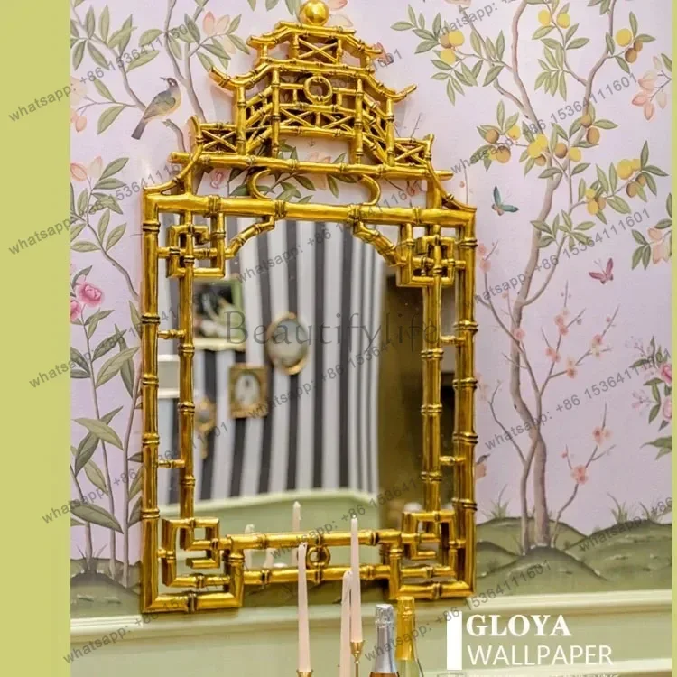 Creative bamboo fireplace decorative mirror medieval custom pagoda entrance wall hanging mirror French style