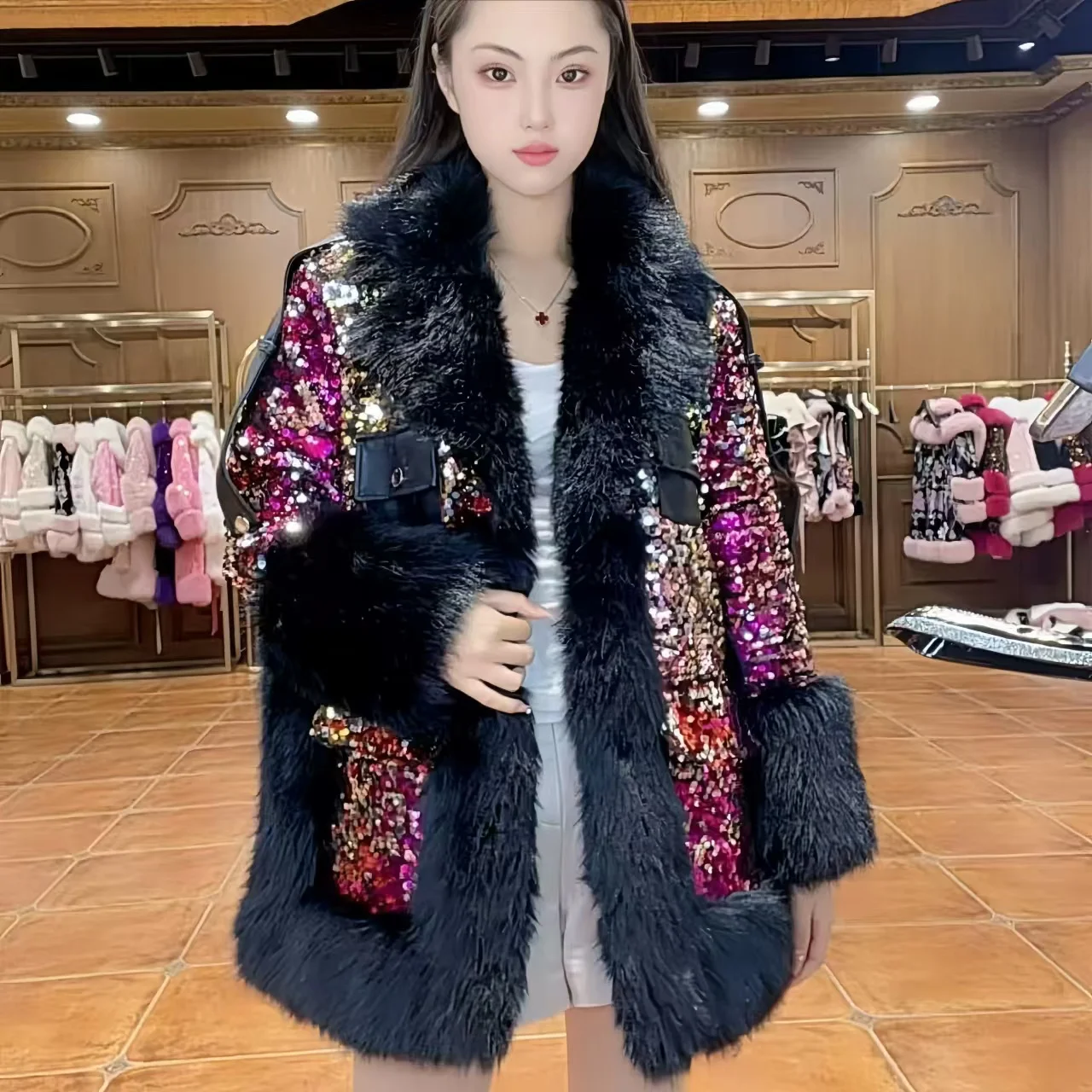 Faux Fur Coat for Women,Fur Collar,Spliced Overcoat,Covered Button Tops,Female Clothes, Warm,Luxury,New,Winter,2025