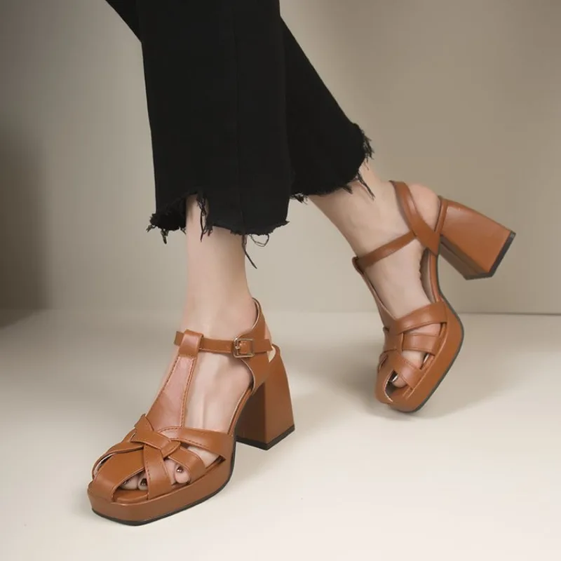 Brown High Heels Women Weave Hollow-out Roman Pumps Fashion Square Head Coarse Following Buckle Strap Sandals Female Dress Shoes