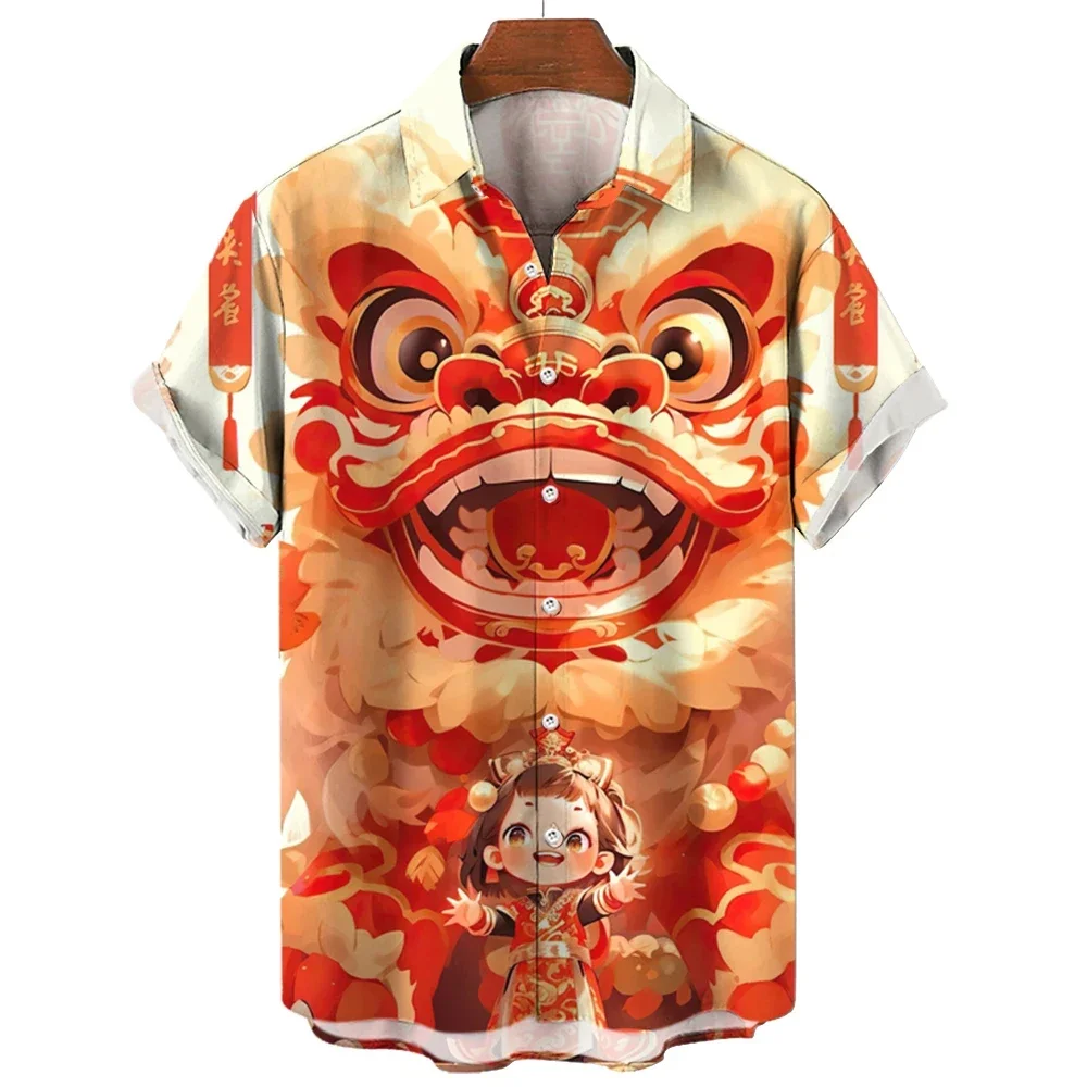 

Chinese lion dance print men's shirt daily casual fashion lapel men's tops large size handsome men's short sleeve shirt