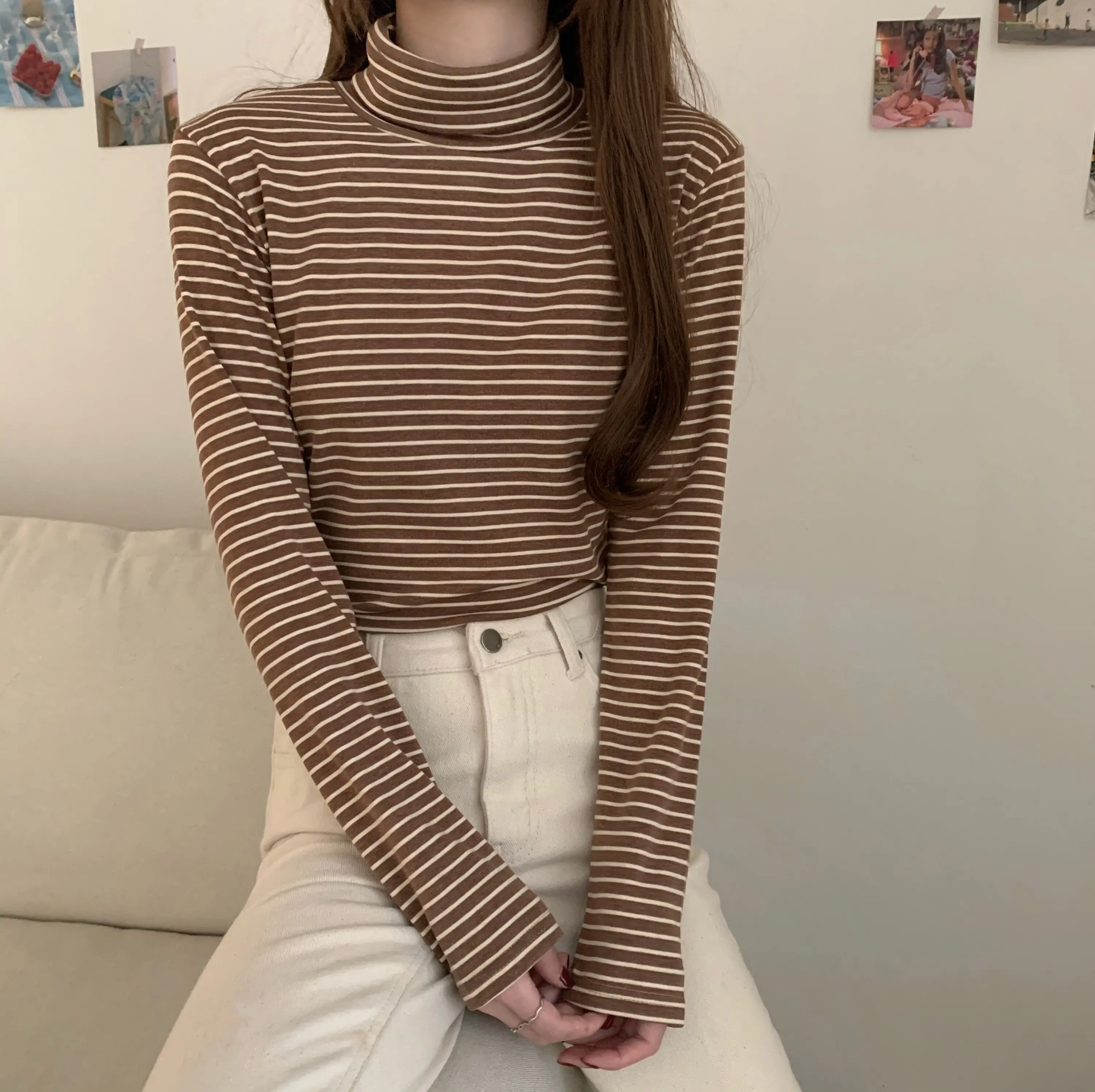 

Slim Fit Women's Long Sve T-irt High Collar Striped Base Layer Top Bla White Versatile Sli Autumn Winter New Arrival