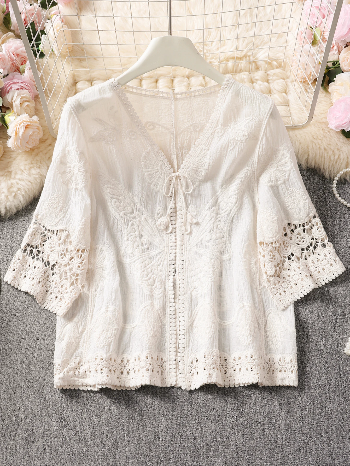 Damen-Häkel-Cardigan mit V-Ausschnitt, leichter Strickpullover, lockere Passform, Boho-Strand-Überwurf, Frühling/Sommer, lässige Jacke