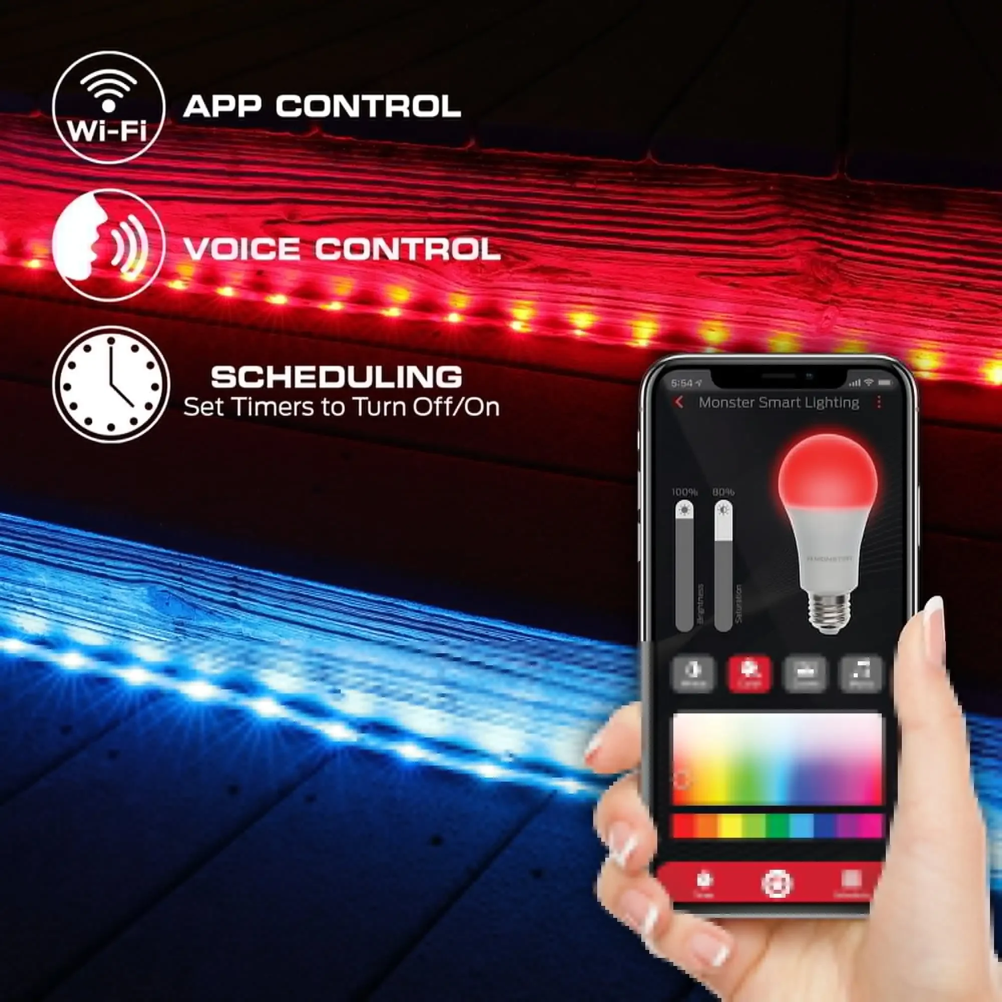 Bande lumineuse LED extérieure intelligente 50 pieds, 540 LED multicolores, résistante aux intempéries, commande vocale et par application, détection du son,